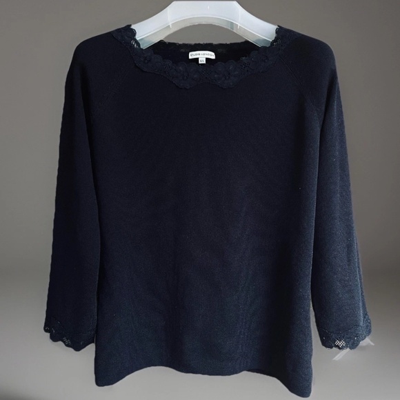 Studio London Black Thin Knitted Top Blouse with Lace Trim Short Sleeve Size L - Picture 1 of 12